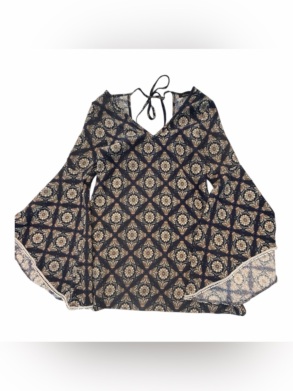 Patterned Mini Dress with Tie-Back and Bell Sleeves in Black and Cream